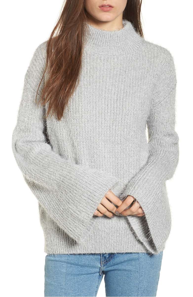 LUSH Eyelash Tunic Sweater Light Grey bell sleeve turtlenecks