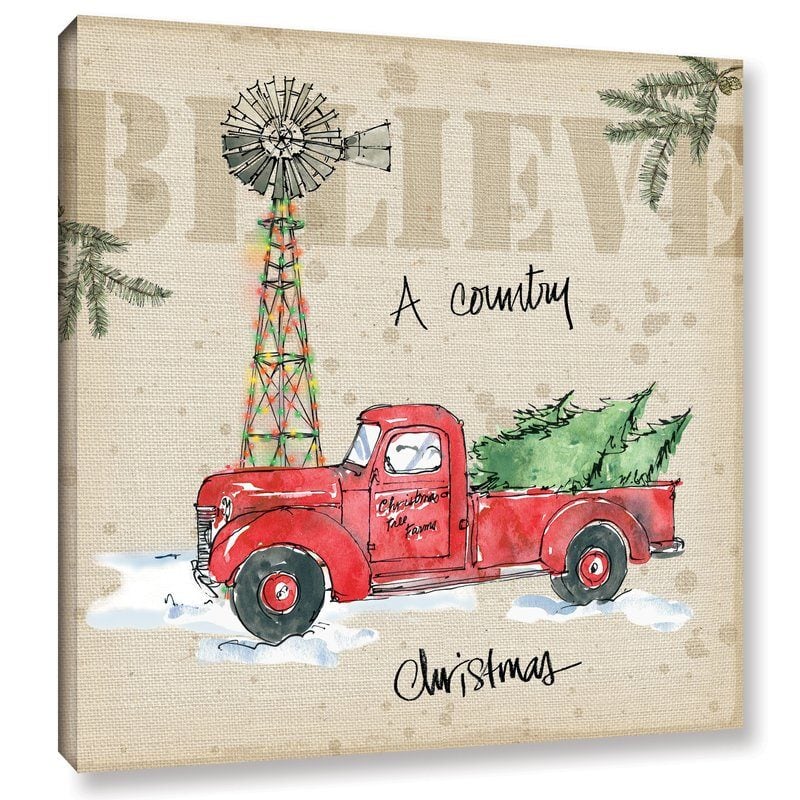 Laurel Foundry Modern Farmhouse Country Christmas Red Truck Painting Print on Wrapped Canvas wayfair cyber monday sale