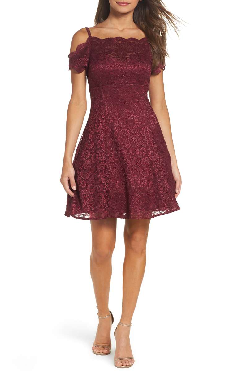 MORGAN & CO. Off the Shoulder Lace Fit & Flare Dress Merlot lace off the shoulder dresses holiday party winter wedding guests