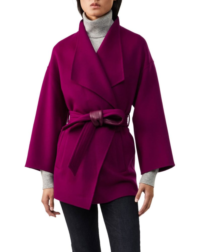 Mackage Gail Leather-Belted Wool Wrap Coat Berry Pink