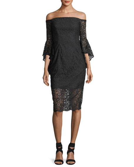 Milly Selena Lace Off-the-Shoulder Cocktail Dress Bell Sleeves Black lace off the shoulder dresses holiday party