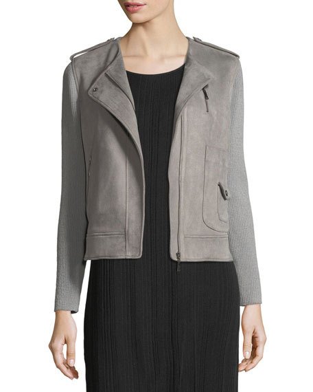 Misook Faux-Suede Moto Jacket w/ Contrast Sleeves Smoke faux suede moto jackets fall winter