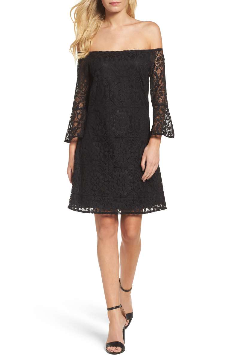 NSR Lace A-Line Dress Black lace off the shoulder dresses holiday party winter wedding guests