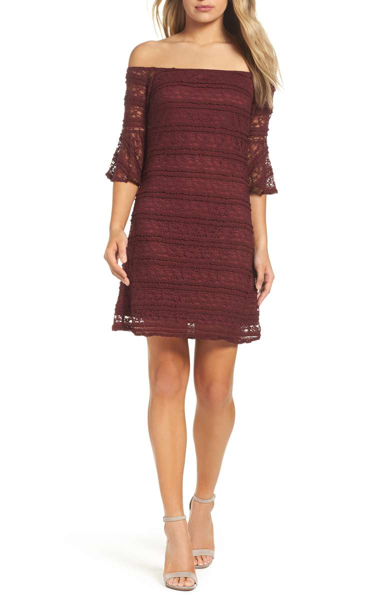 NSR Off the Shoulder Lace Dress Wine holiday party season winter wedding guests