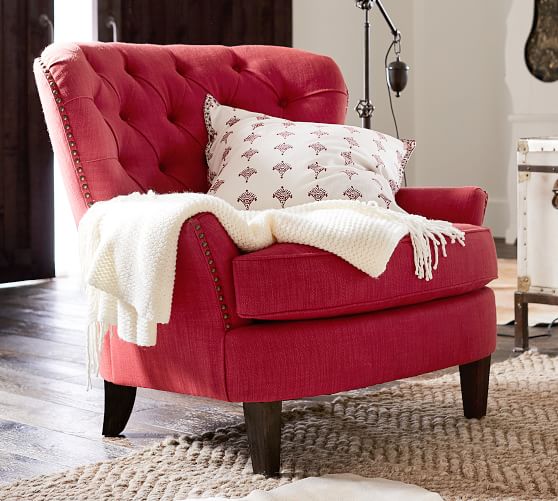 Pottery Barn CARDIFF TUFTED UPHOLSTERED ARMCHAIR Nailhead Trim Premium Performance Basketweave, Geranium Red pottery barn cyber monday sale premier day
