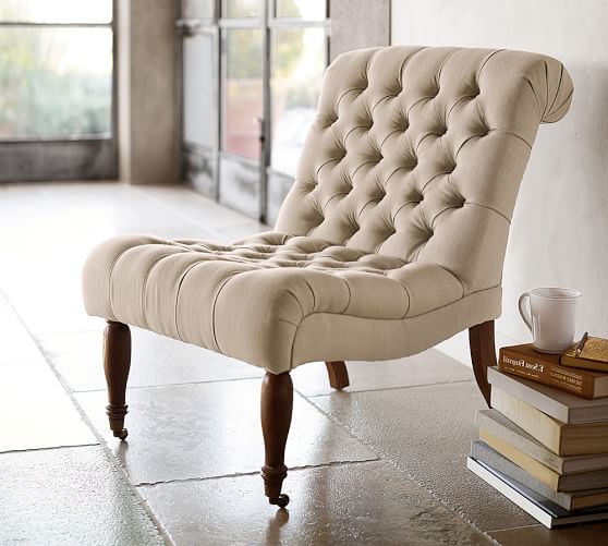 Pottery Barn CAROLYN TUFTED SLIPPER CHAIR Linen Oatmeal pottery barn cyber monday sale premier day