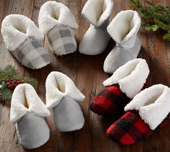 Pottery Barn COZY SHERPA BOOTIES Buffalo Check Red Black Grey pottery barn black friday sale