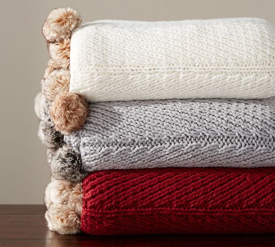 Pottery Barn FAUX FUR POM POM KNITTED THROW Ivory Smoke Gray Cardinal Red pottery barn pre-black friday sale