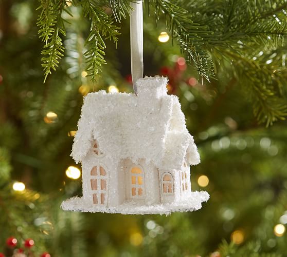 Pottery Barn LIT GLITTER HOUSE ORNAMENT - WHITE pottery barn cyber monday sale 