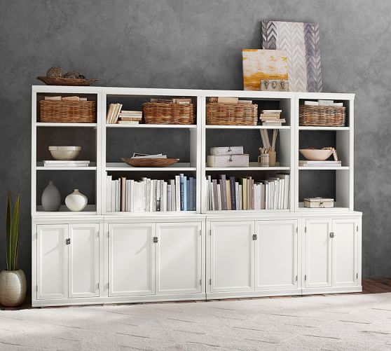 Pottery Barn LOGAN BOOKCASE WALL SUITE Antique White Mahogany Hewn Oak pottery barn cyber monday sale premier day event