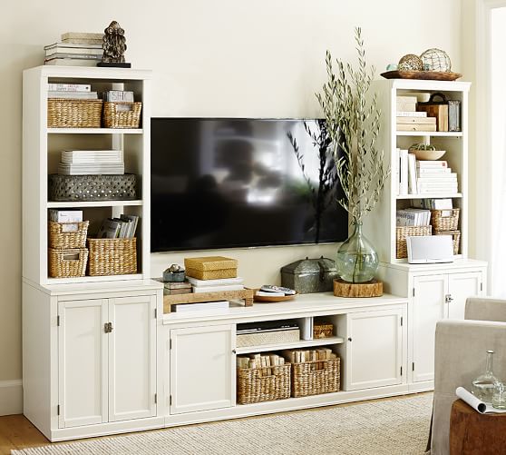 Pottery Barn LOGAN MEDIA SUITE WITH DOOR BOOKCASE Antique White Hewn Oak pottery barn cyber monday sale premier day