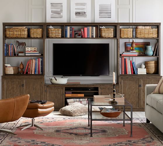 Pottery Barn LOGAN MEDIA SUITE WITH DOOR BOOKCASE & BRIDGE, HEWN OAK pottery barn premier sale