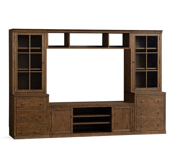 Pottery Barn LOGAN MEDIA SUITE WITH DRAWERS AND GLASS TOWERS & BRIDGE, HEWN OAK pottery barn thanksgiving sale