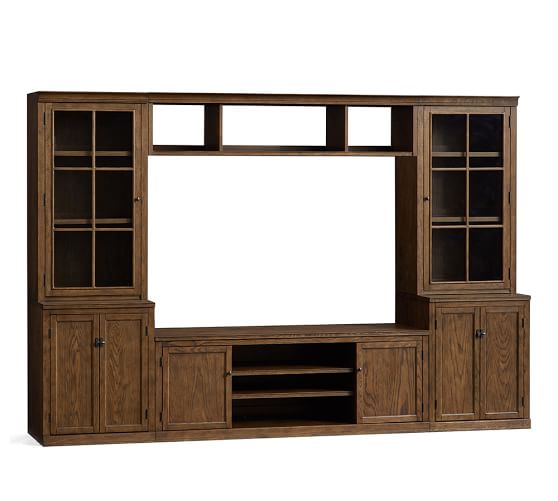 Pottery Barn LOGAN MEDIA SUITE WITH GLASS TOWERS & BRIDGE, ANTIQUE WHITE Hewn Oak pottery barn premier sale