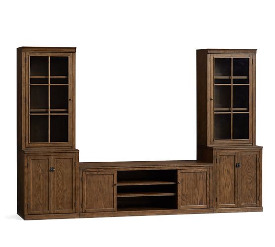 Pottery Barn LOGAN MEDIA SUITE WITH GLASS TOWERS, HEWN OAK pottery barn premier sale