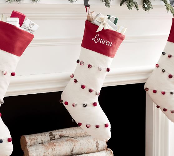 Pottery Barn PLAID POM POMS NOSTALGIC STOCKING pottery barn christmas stocking tree skirt sale