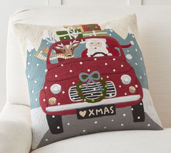 Pottery Barn ROAD TRIP SANTA CREWEL EMBROIDERED PILLOW COVER pottery barn premier sale