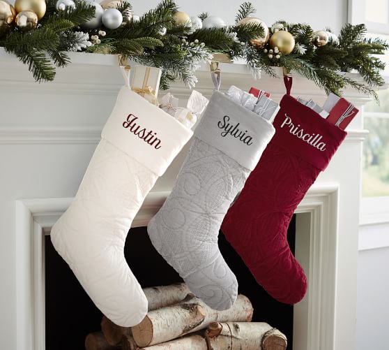 Pottery Barn SCROLL QUILTED VELVET STOCKING Red Ivory pottery barn pre-black friday holiday sale christmas 