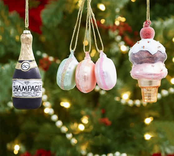 Pottery Barn SWEET TREATS ORNAMENTS, MIXED SET OF 3 champagne macaroons ice cream scoop cone cherry pottery barn cyber monday sale 