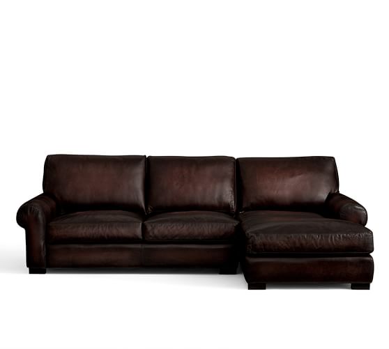 Pottery Barn TURNER ROLL ARM LEATHER SOFA WITH CHAISE SECTIONAL Burnished Walnut pottery barn thanksgiving sale