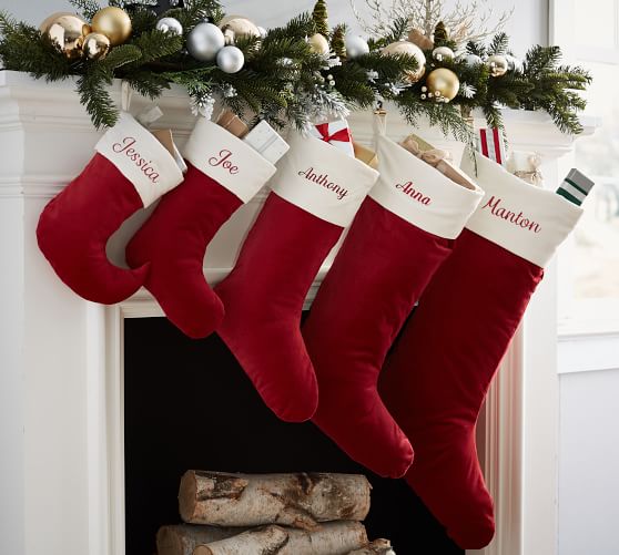Pottery Barn VELVET STOCKING - RED WITH IVORY CUFF pottery barn christmas stocking and tree skirt sale