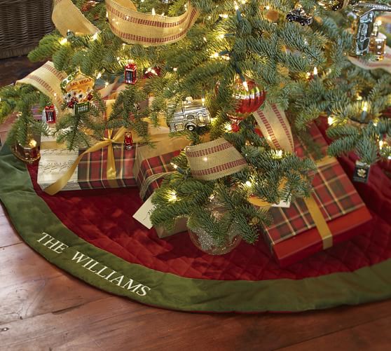 Pottery Barn VELVET TREE SKIRT - RED WITH GREEN CUFF pottery barn premier sale