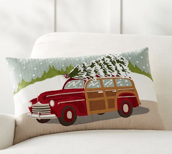 Pottery Barn WOODY CAR CREWEL EMBROIDERED LUMBAR PILLOW COVER woody christmas tree pottery barn premier sale