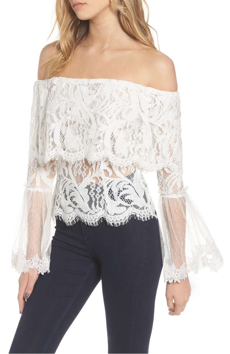 STYLEKEEPERS If You Dare Lace Off the Shoulder Blouse Ivory lace bell sleeve tops holiday party