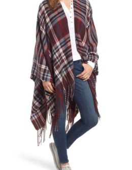 TREASURE & BOND Plaid Fringe Cape Burgundy Combo plaid capes fall winter thanksgiving