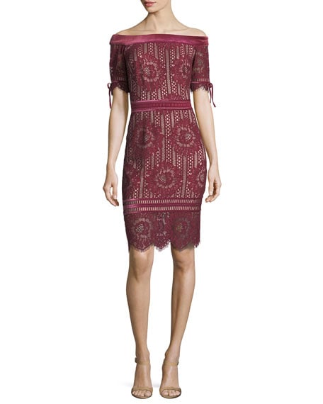Tadashi Shoji Off-the-Shoulder 1/2-Sleeve Lace Cocktail Dress Wine Nude lace off the shoulder dresses holiday party winter wedding guests