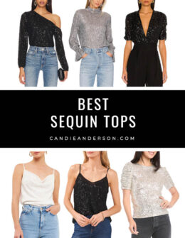 Style expert, journalist and fashion blogger Candie Anderson of candieanderson.com has the scoop on 20 of the best sequin tops for the holiday party season and New Year's Eve! Some are appropriate for winter weddings and brides-to-be as well!