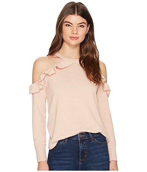 1.STATE Cold Shoulder Ruffle Edge Top Blush Frost cold shoulder sweaters under 100 dollars