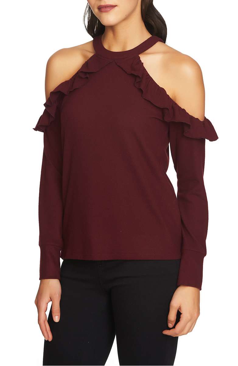 1.STATE The Cozy Cold Shoulder Knit Top Deep Claret cold shoulder sweaters under 100 dollars