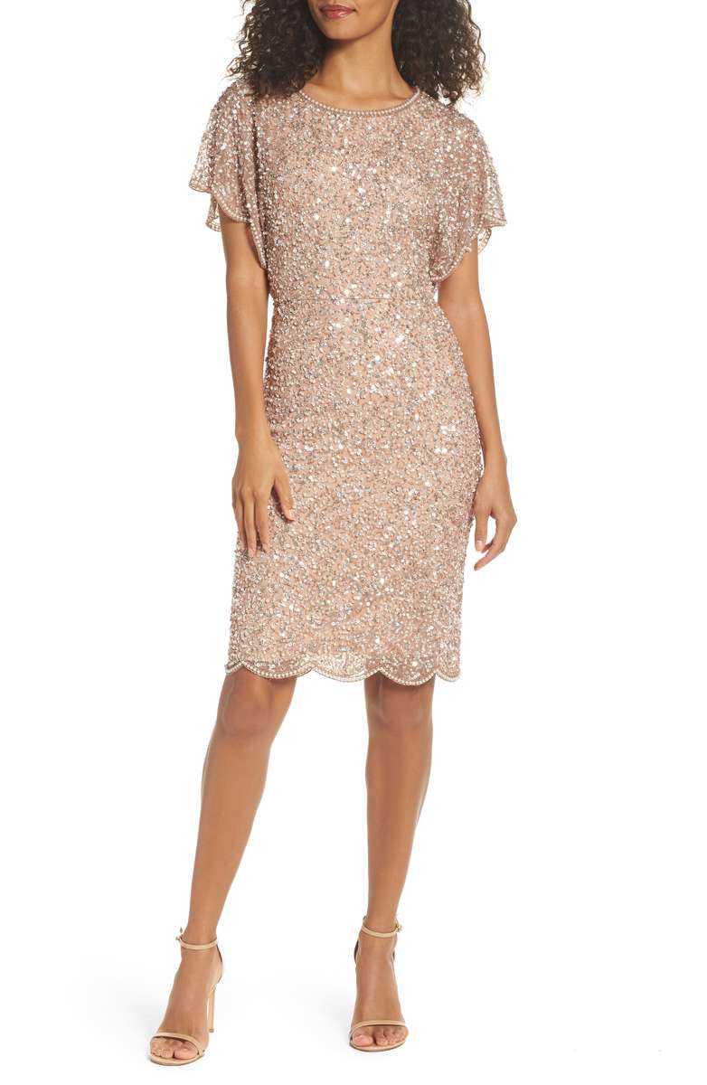 ADRIANNA PAPELL Embellished Flutter Sleeve Cocktail Dress Rose Gold sequin dresses holiday party new year's eve