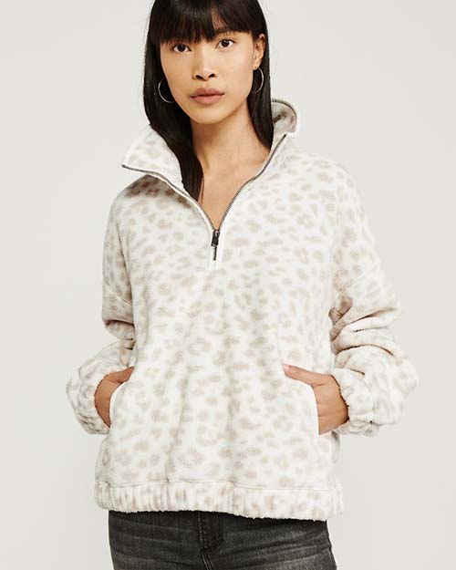 Abercrombie and Fitch Polar Fleece Half-Zip Sweatshirt White Leopard Print fleece pullovers women