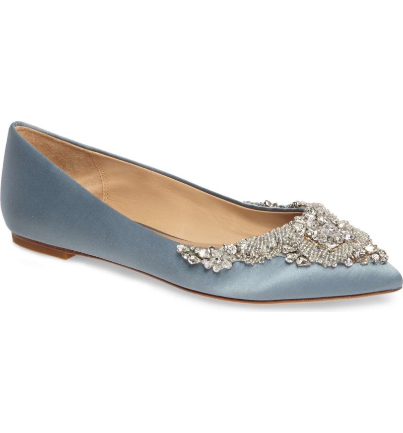 BADGLEY MISCHKA Malena Embellished Flat Cloudy Blue Satin embellished flats holidays winter 