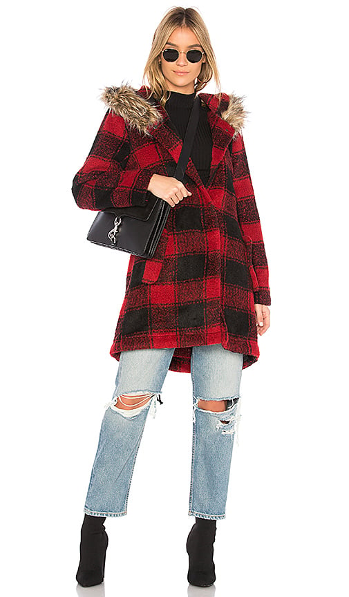 BB Dakota LIA COAT Plaid Cherry Red Faux Fur peacoats winter women holidays