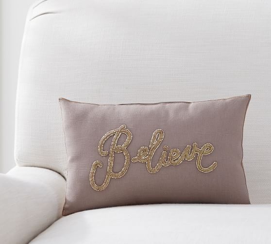 BELIEVE JEWELED SENTIMENT LUMBAR PILLOW pottery barn winter warehouse sale 