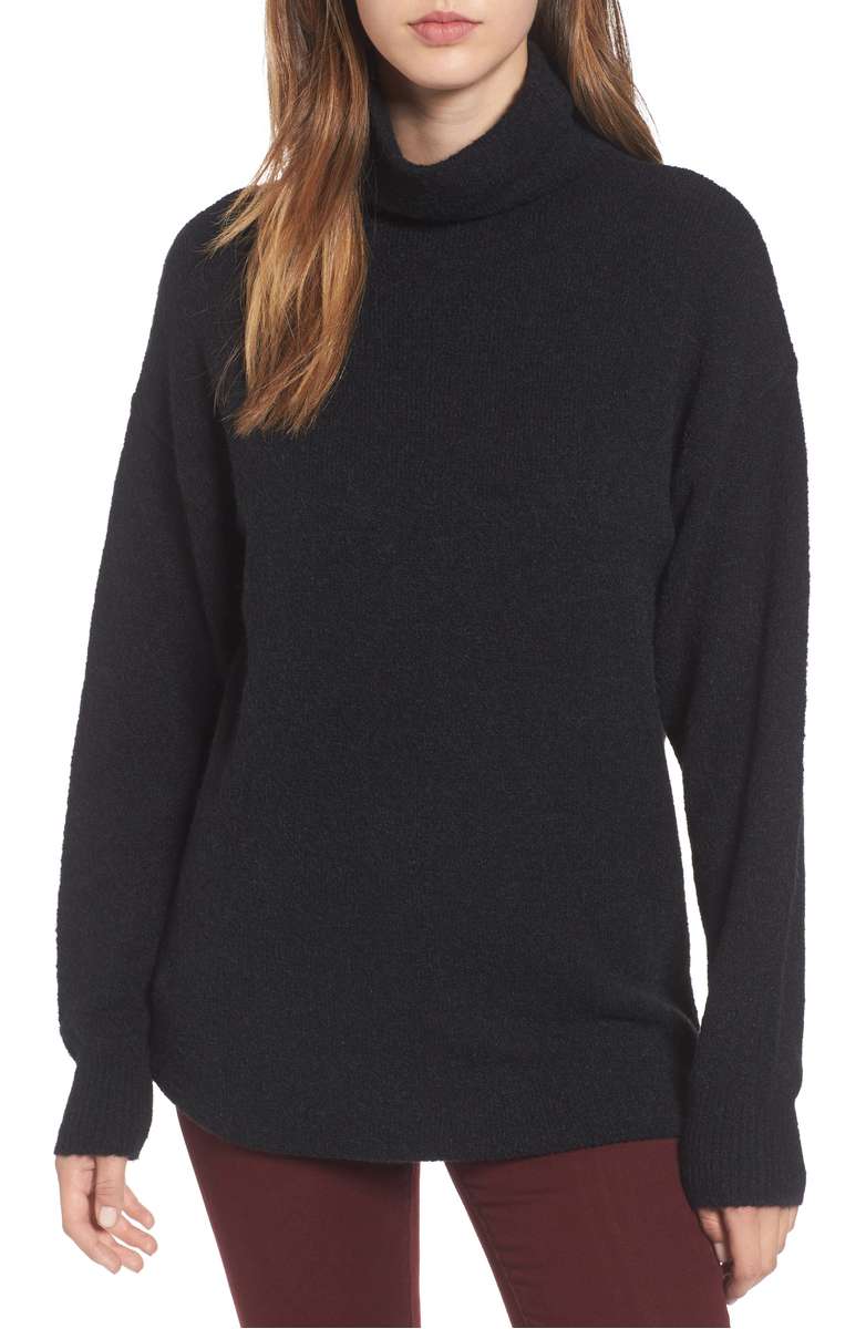 BP. Bouclé Turtleneck Tunic Sweater Black mock neck sweaters holidays winter