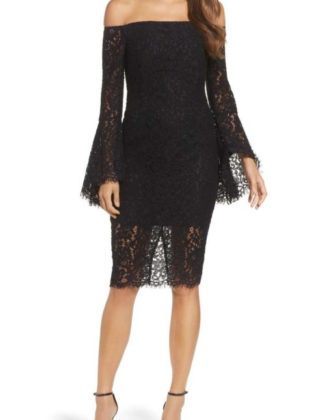 Bardot Solange Corded Lace Sheath Dress Black holiday party dresses new year’s eve bell sleeve dresses 2017 2018