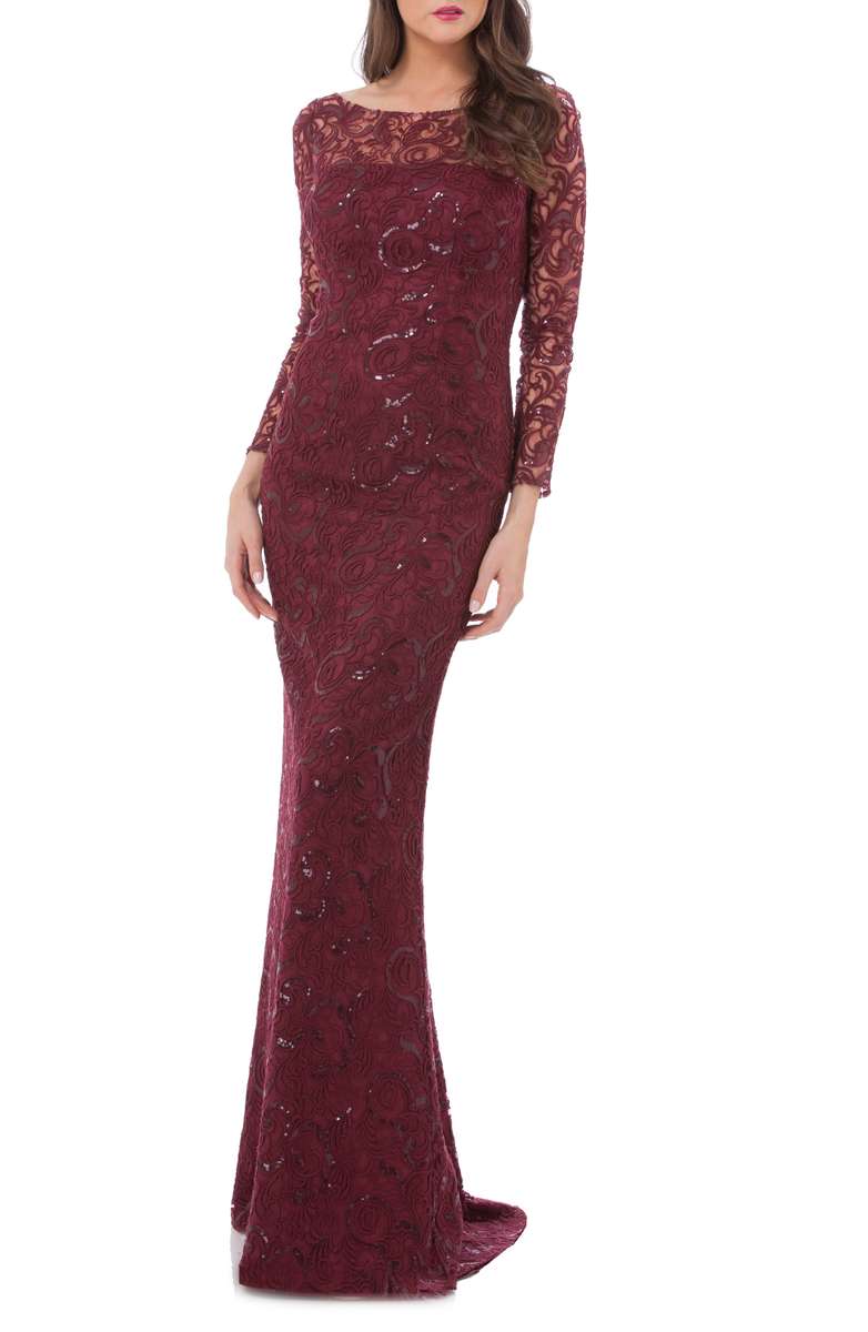 CARMEN MARC VALVO INFUSION Sequin Lace Mermaid Gown Ruby sequin dresses holiday party new year's eve 2017