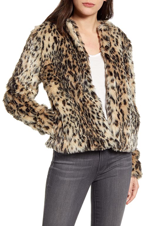 CHELSEA28 Faux Leopard Fur Jacket Beige Black winter women holiday party fashion