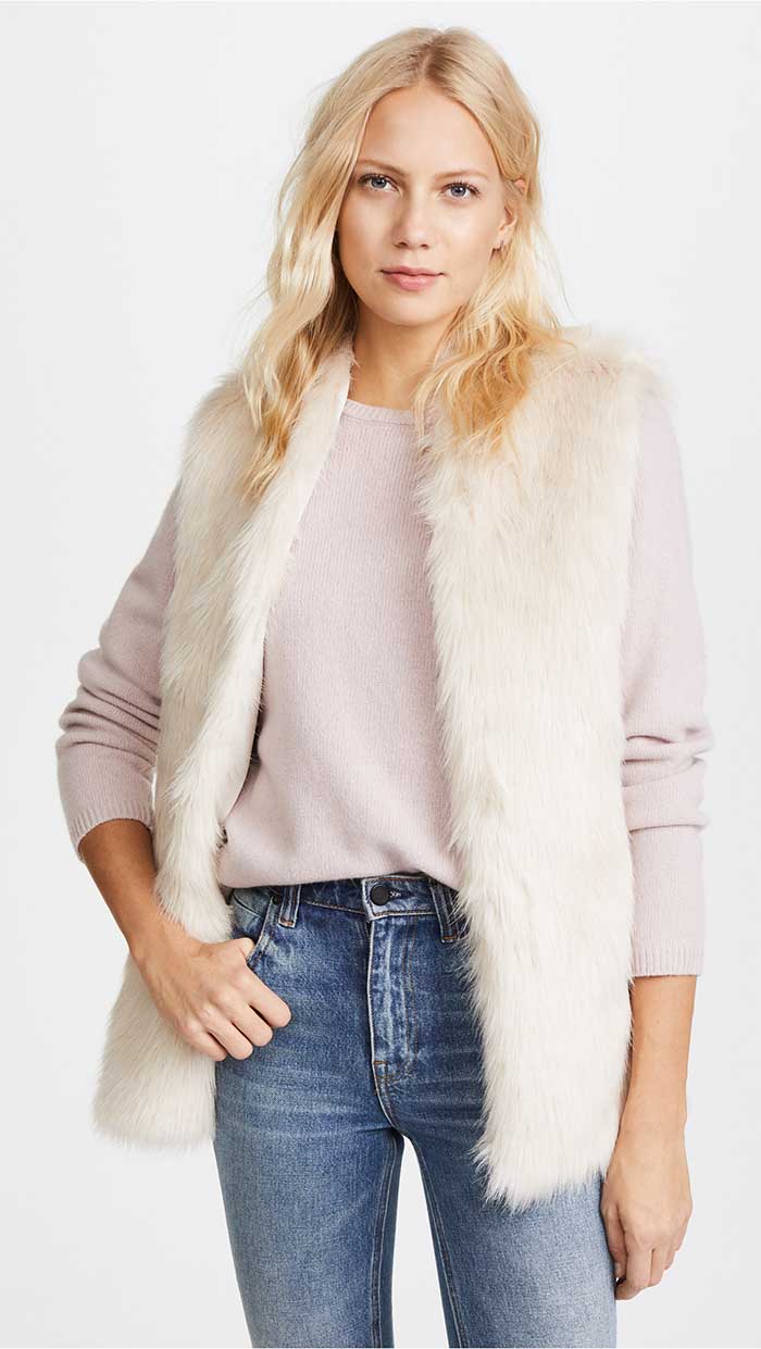 Club Monaco Taisie Faux Fur Vest Petal faux fur vests holiday winter