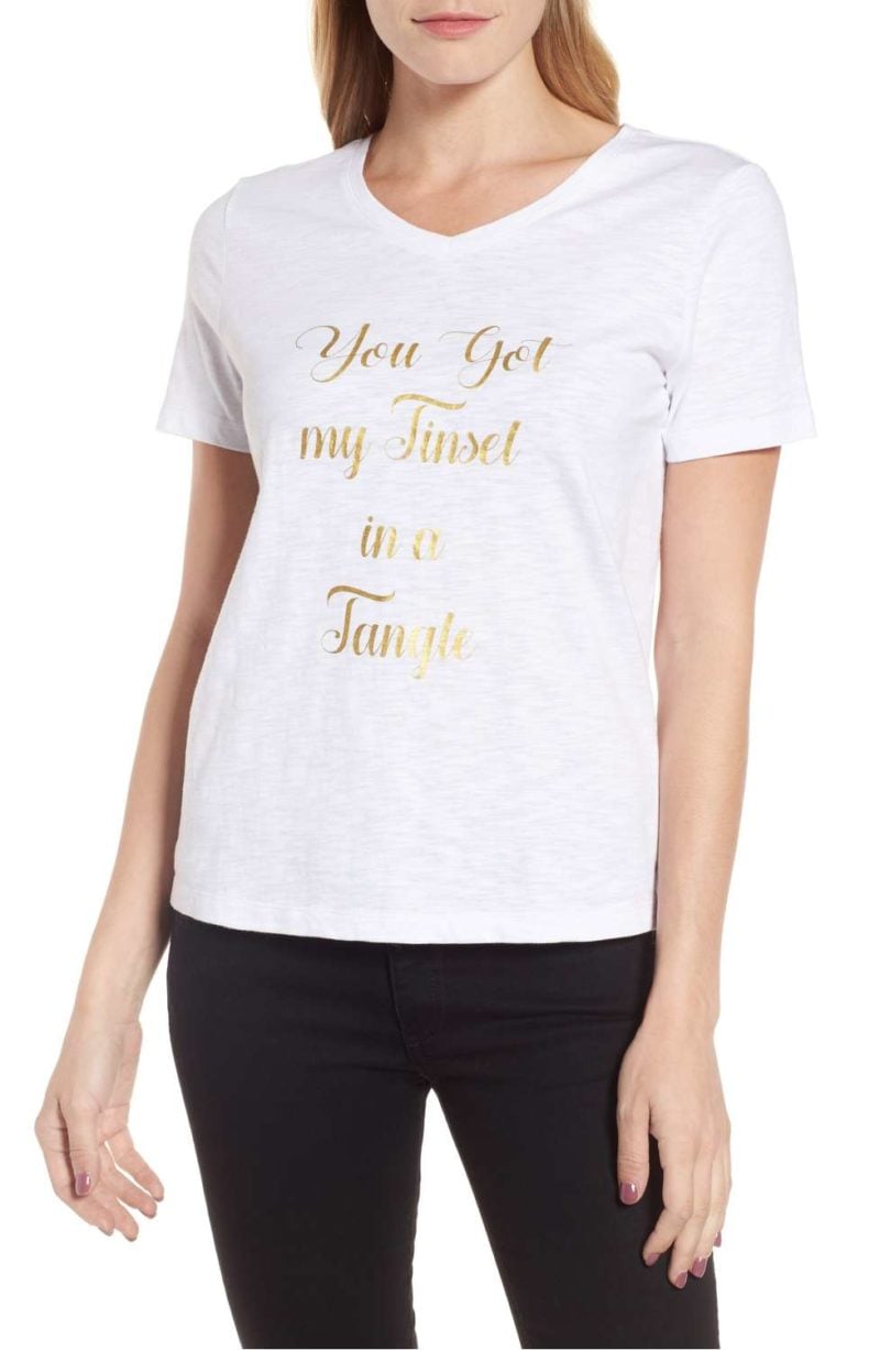 DRAPER JAMES Tinsel in a Tangle V-Neck Tee White Gold holiday shirts for women christmas 