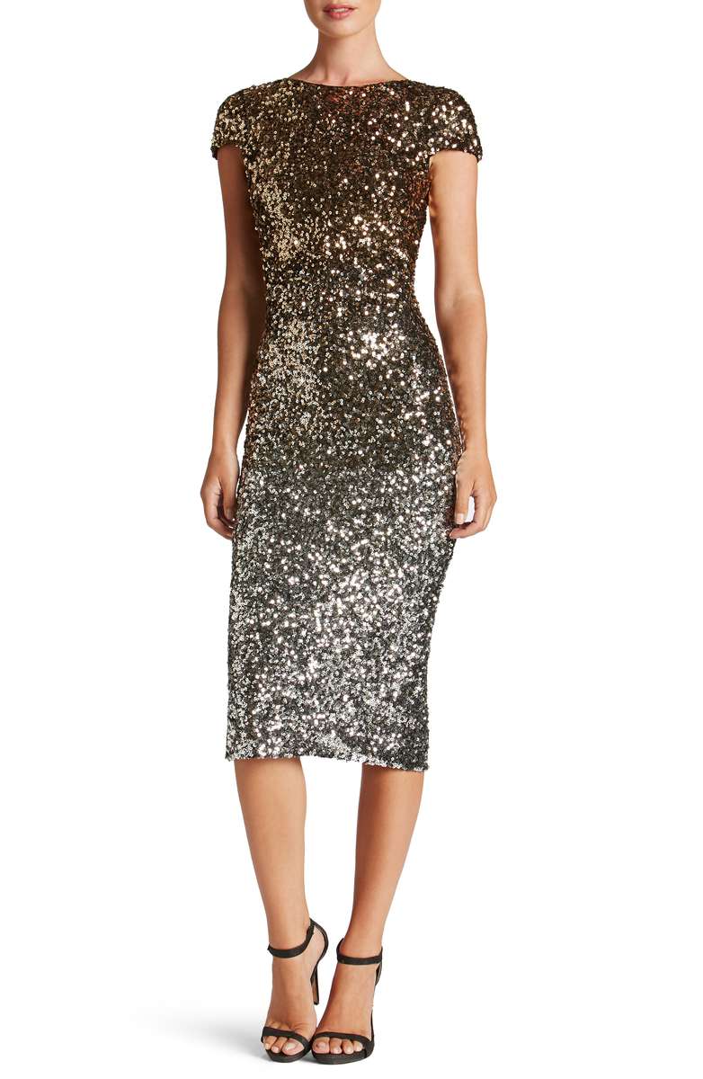 DRESS THE POPULATION Marcella Ombré Sequin Body-Con Dress Silver Gold sequin dresses holiday parties new year's eve