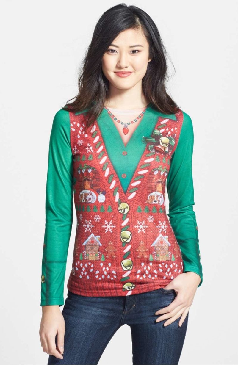FAUX REAL 'Ugly Christmas Vest' Long Sleeve T-Shirt Red trendy holiday shirts for women christmas