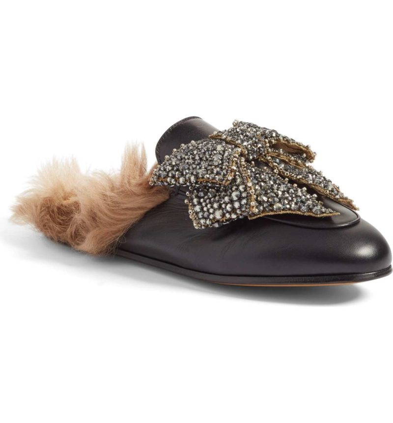 GUCCI Princetown Genuine Shearling Loafer Mule Black Leather bow mules holidays winter 