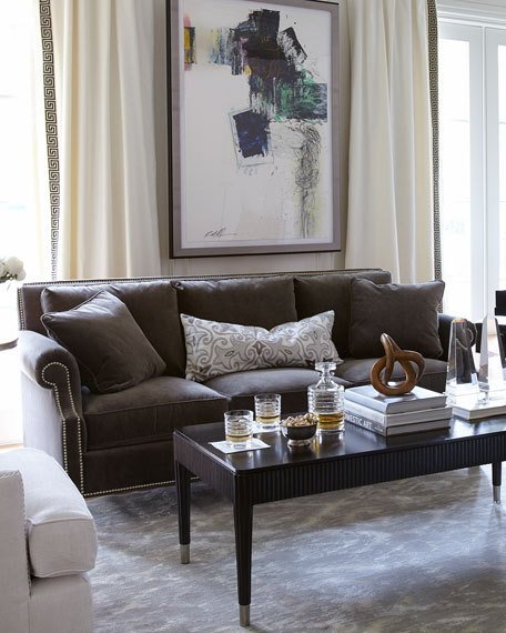 Glencrest Upholstered Sofa Nailhead Trim Gray Brown horchow friends and family sale 