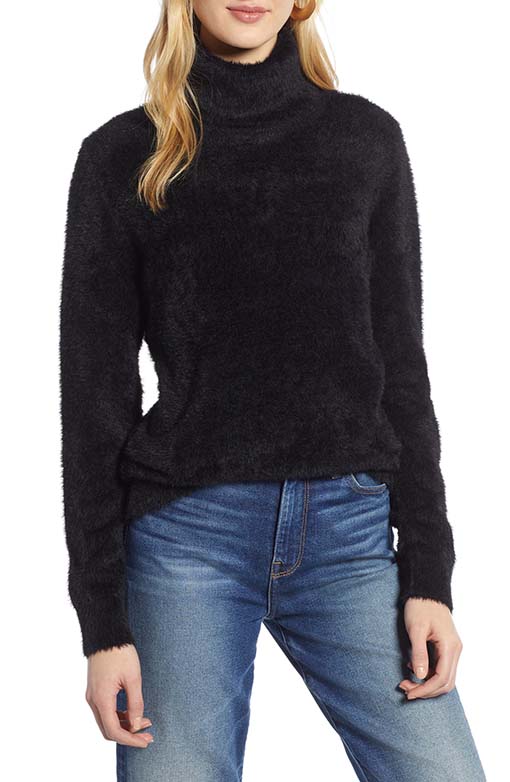 HALOGEN Fuzzy Turtleneck Pullover Black fleece pullovers