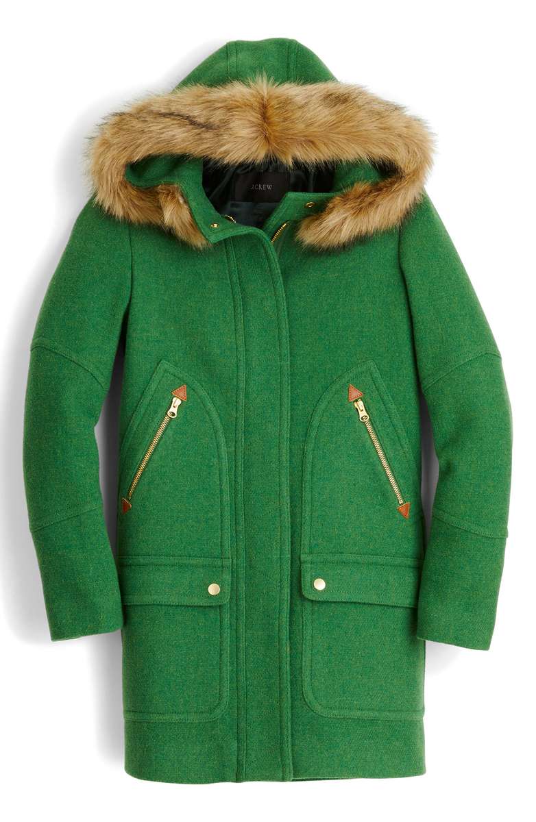J.Crew Chateau Stadium Cloth Parka with Faux Fur Trim Heather Grass parkas with faux fur trim women winter 2018